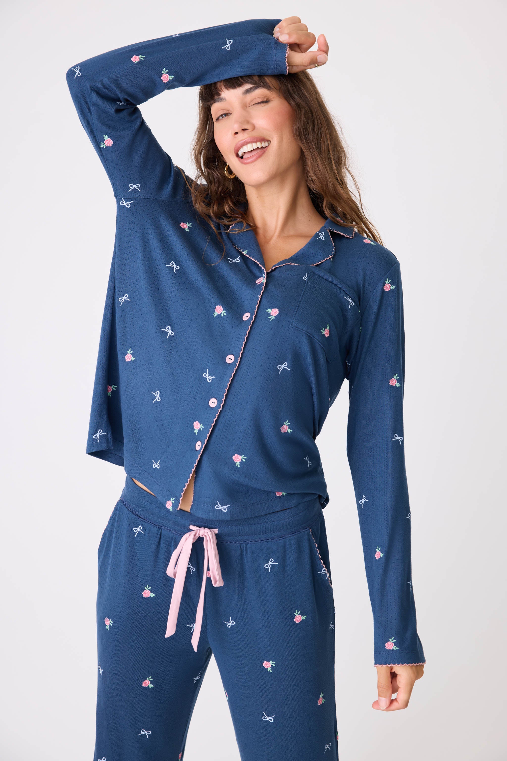 English Rose Embroidered Long Sleeve Notch Collar Top - Image 3
