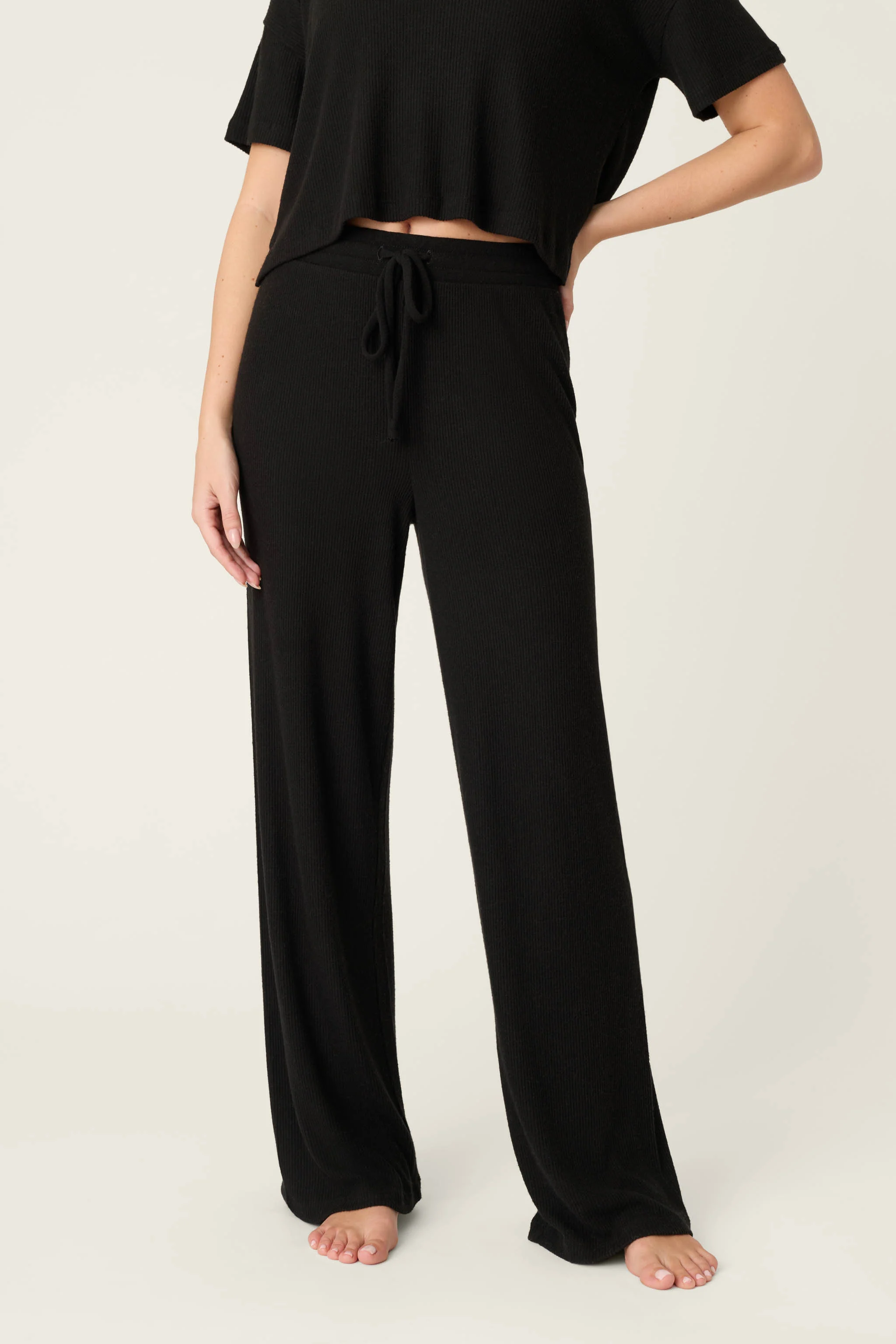 Textured Essentials Black Open Leg Pants