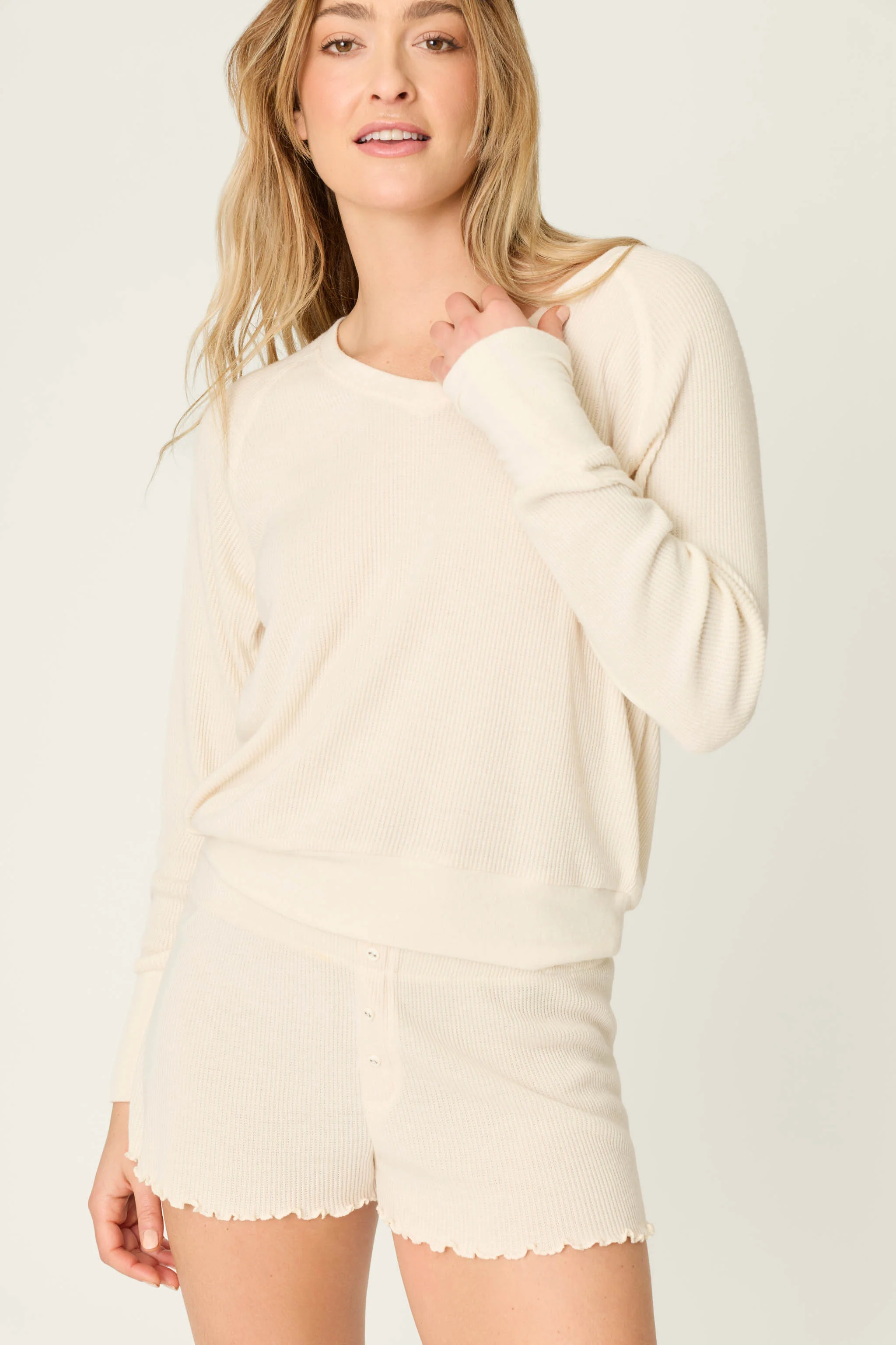 Textured Essentials Stone Short Long Sleeve Lounge Set - Image 3