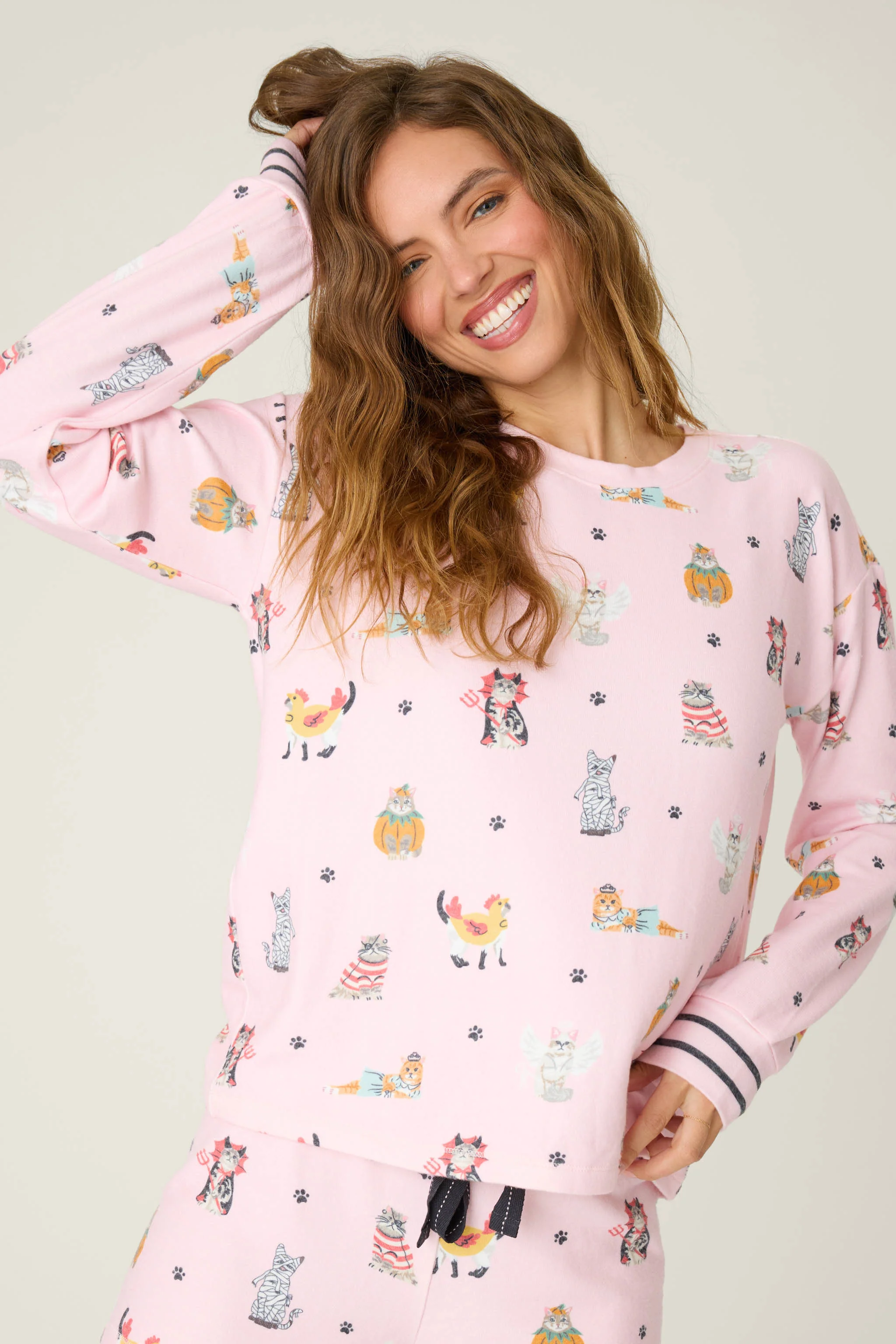Feline Spooky Halloween Cat Print Long Sleeve Top