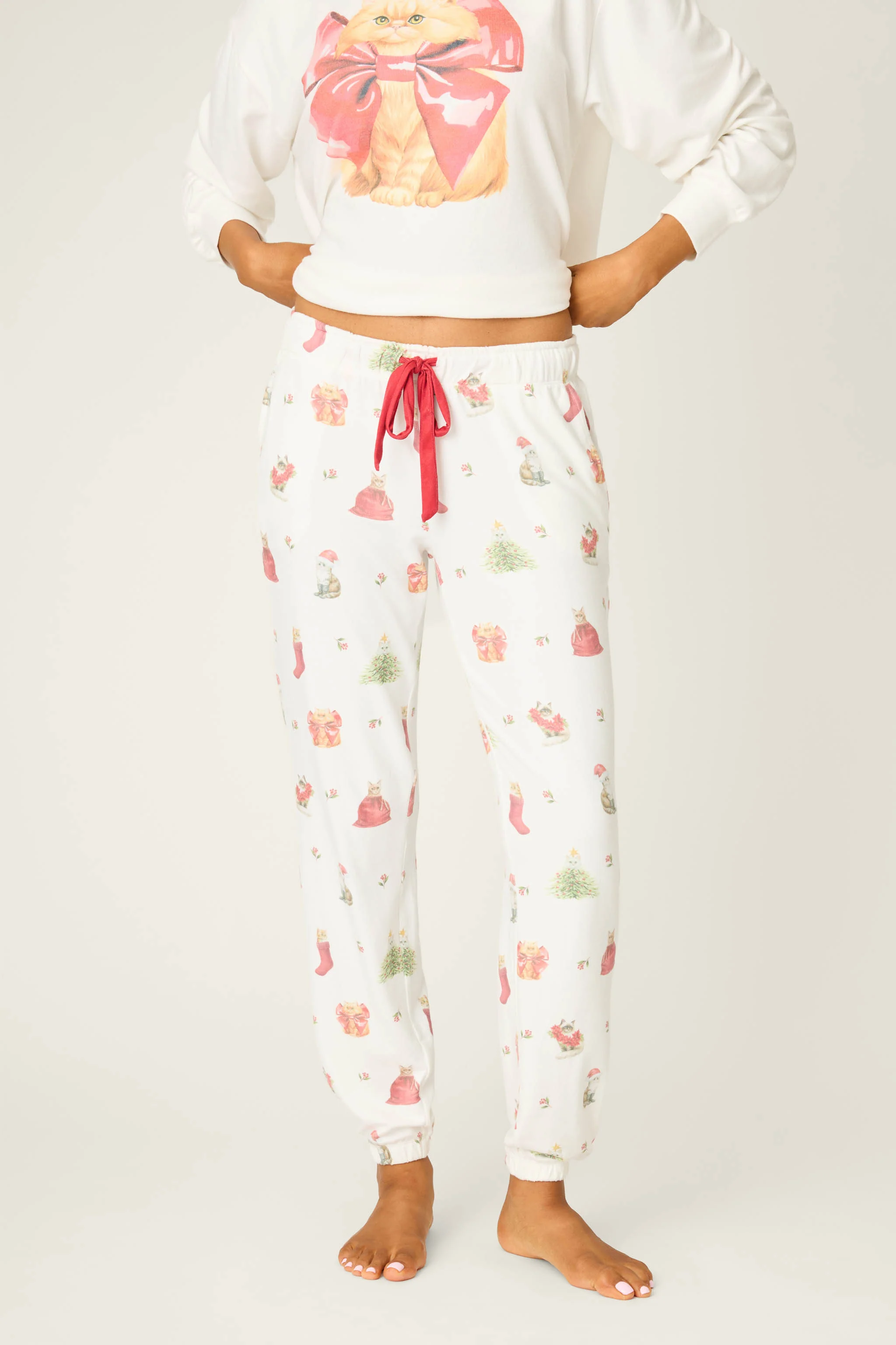 Feline Festive Cat Print Banded Pants