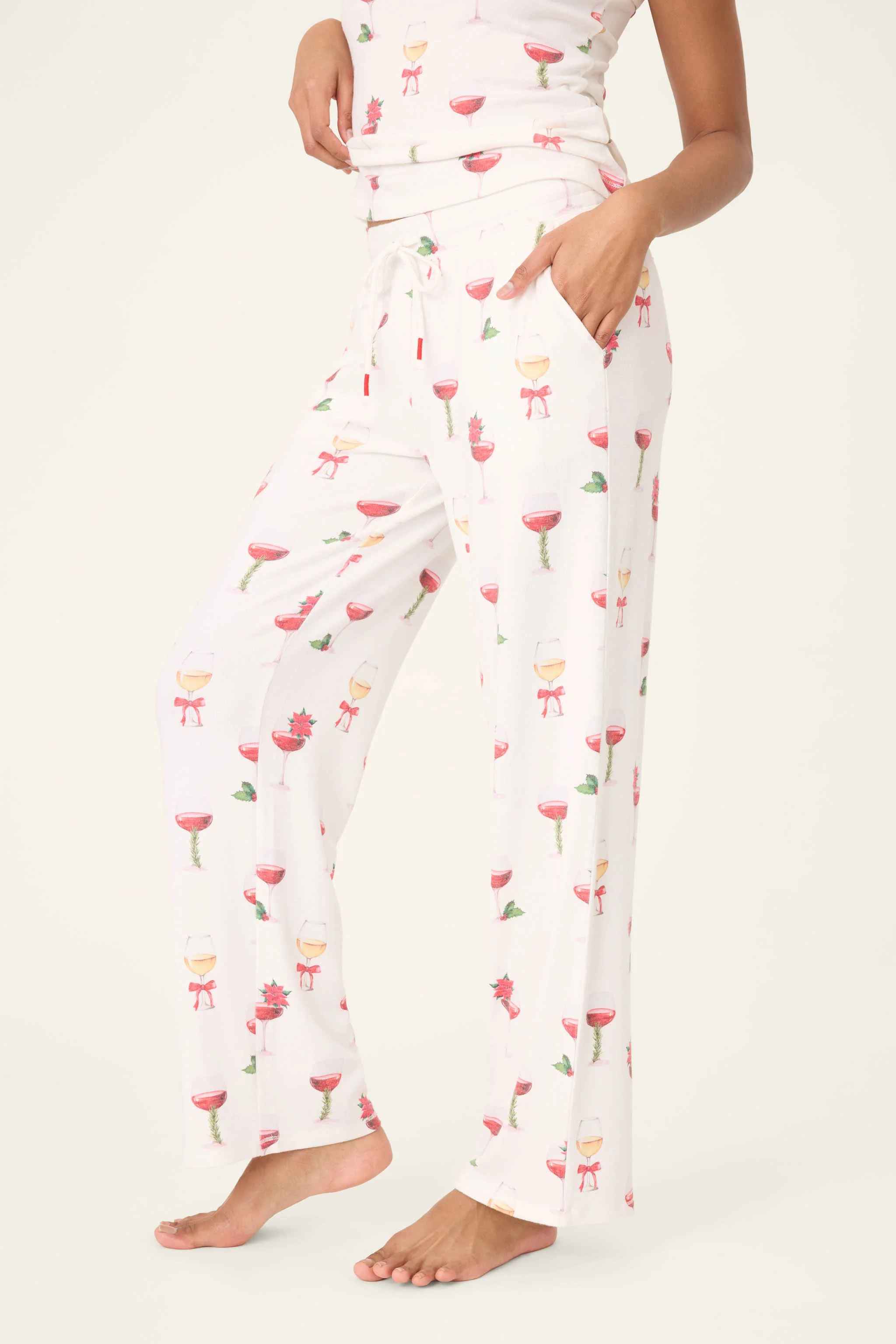 Let's Get Toasty Holiday Wine Print Open Leg Pants - Image 4