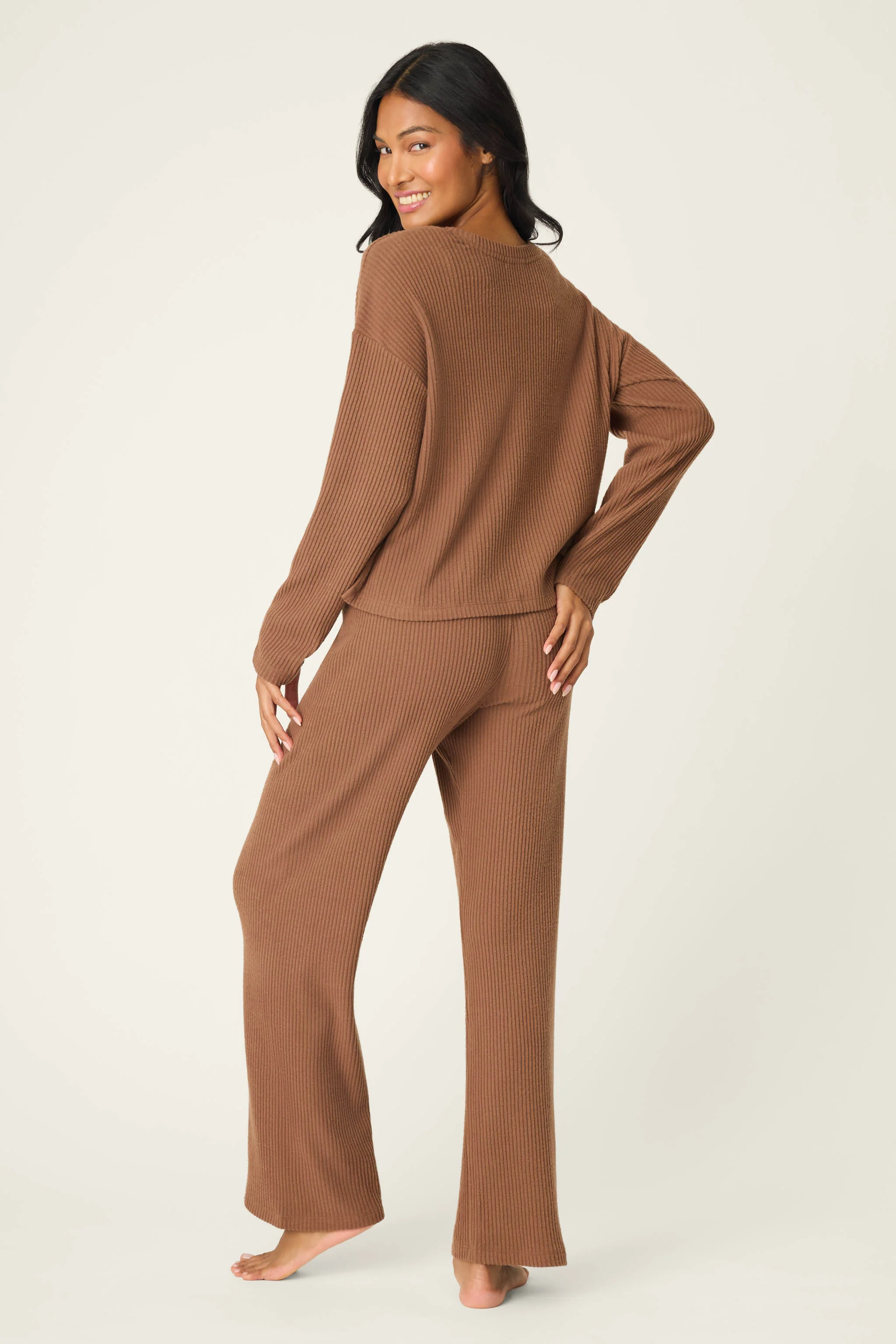 3-Piece Luxe Ribbed Brown PJ Set - Image 4