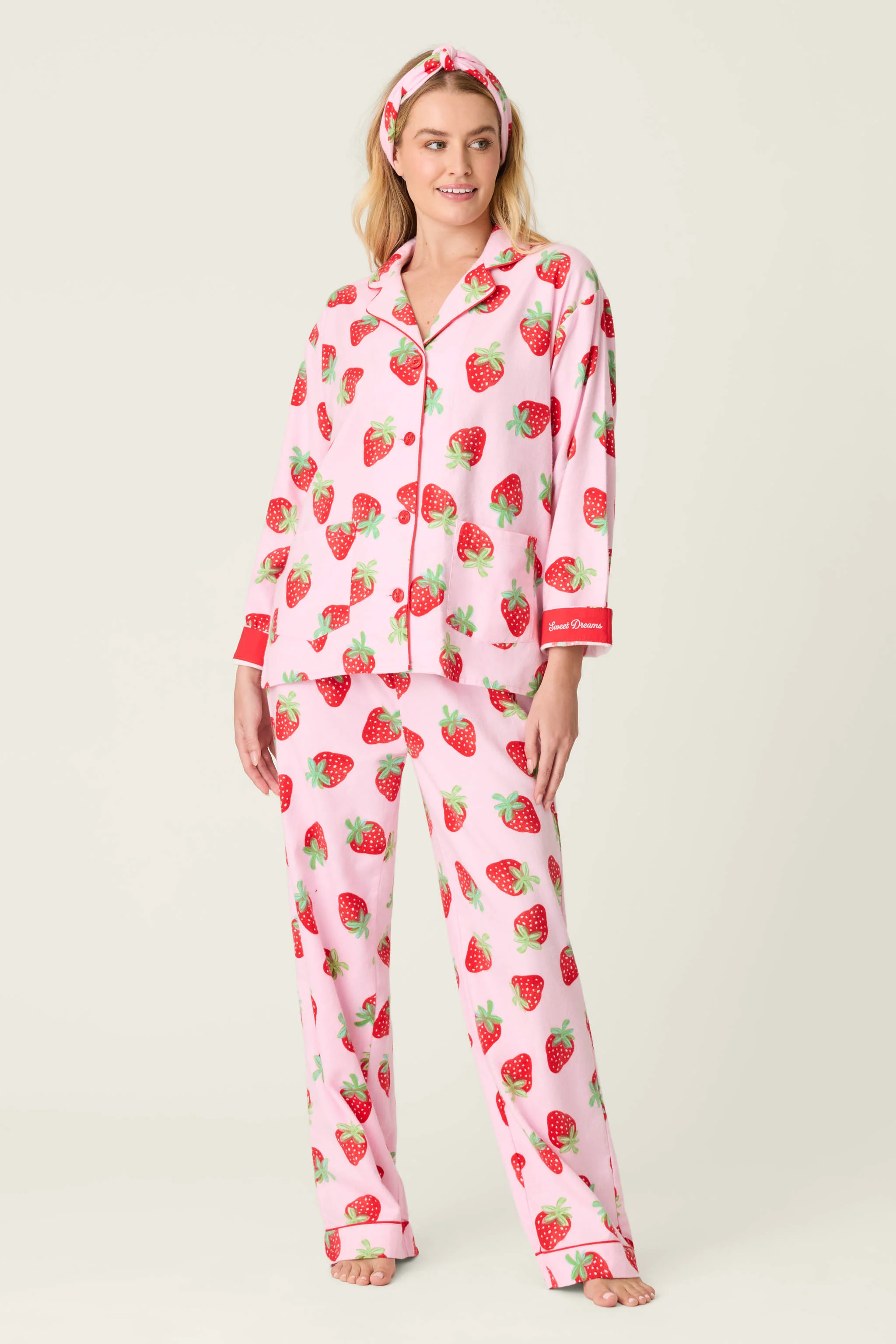 Sweet Dreams Strawberry Print 3-Piece Flannel PJ Set - Image 3