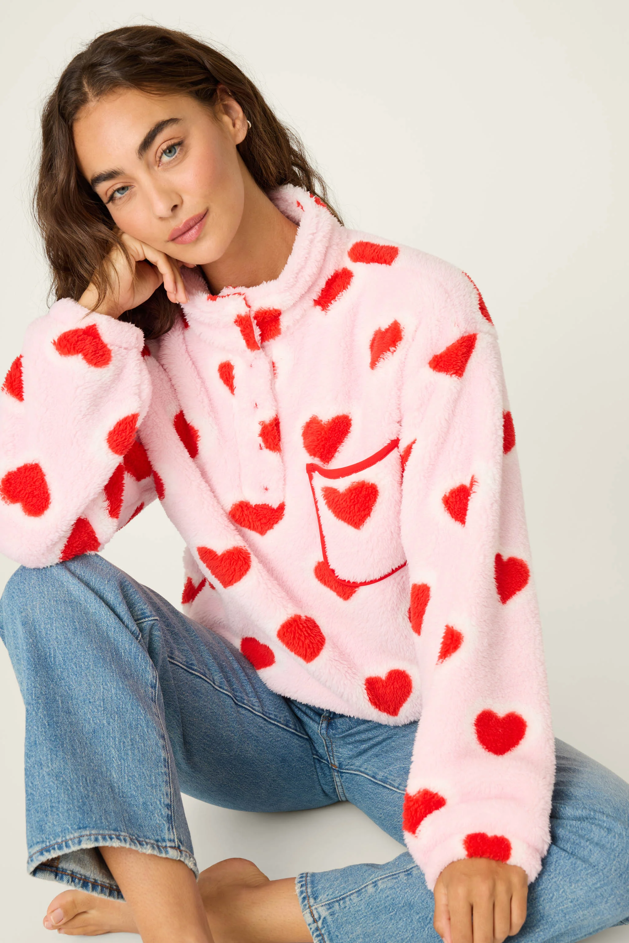 Let's Get Cozy Heart Print Plush Pullover - Image 4