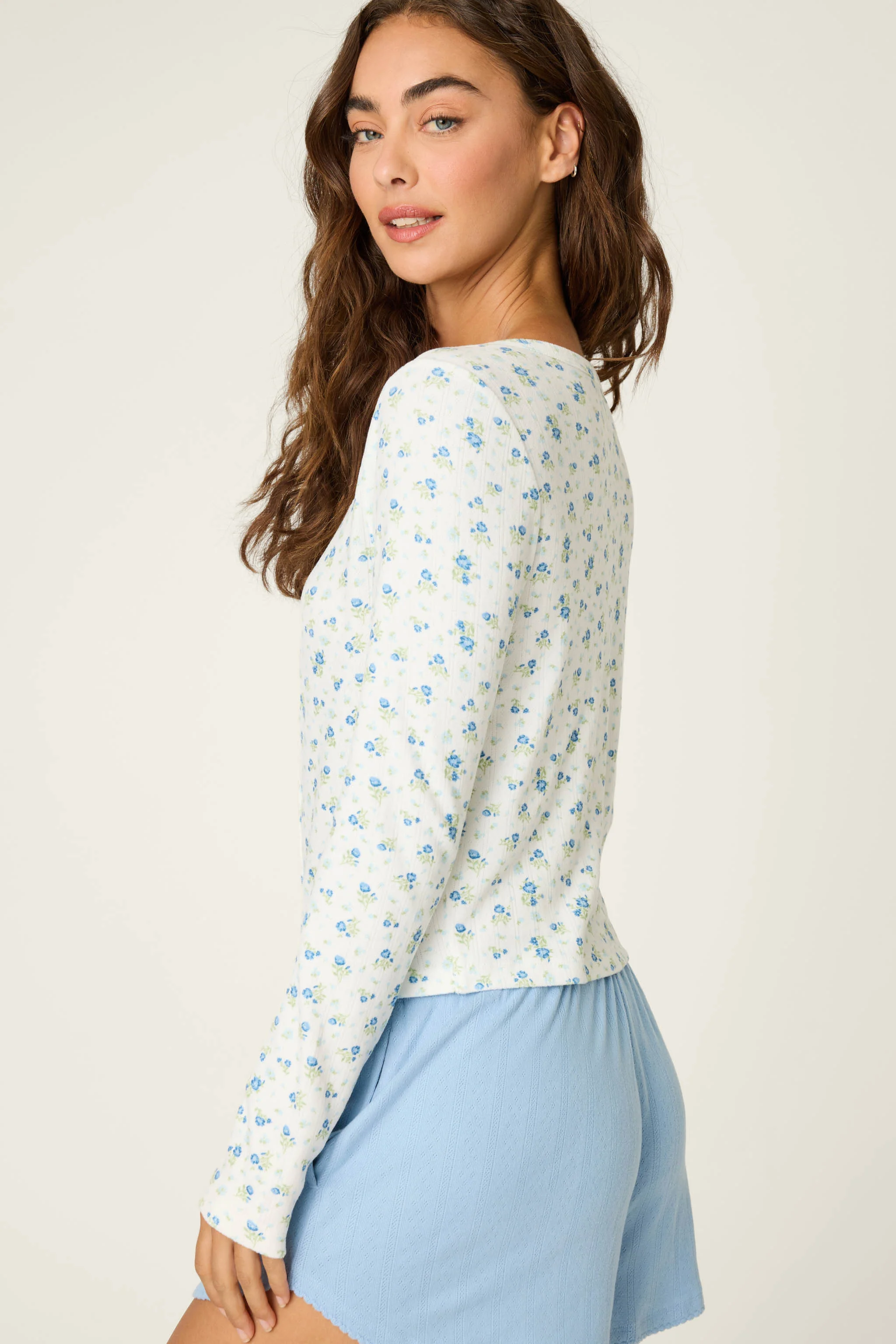 More Amour Ditsy Floral Long Sleeve Pointelle Top - Image 4