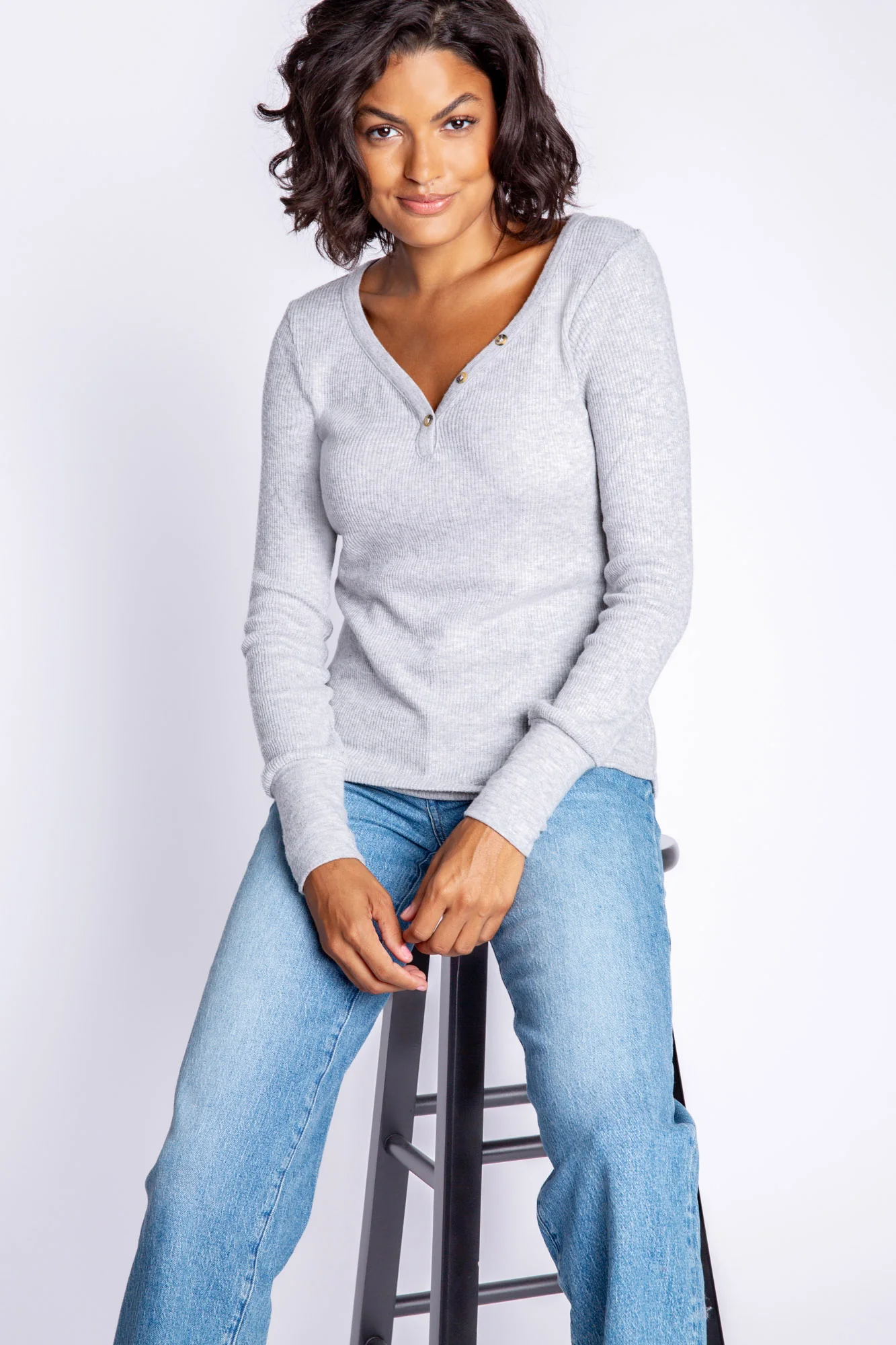 Textured Essentials Heather Grey Long Sleeve Top - Image 5