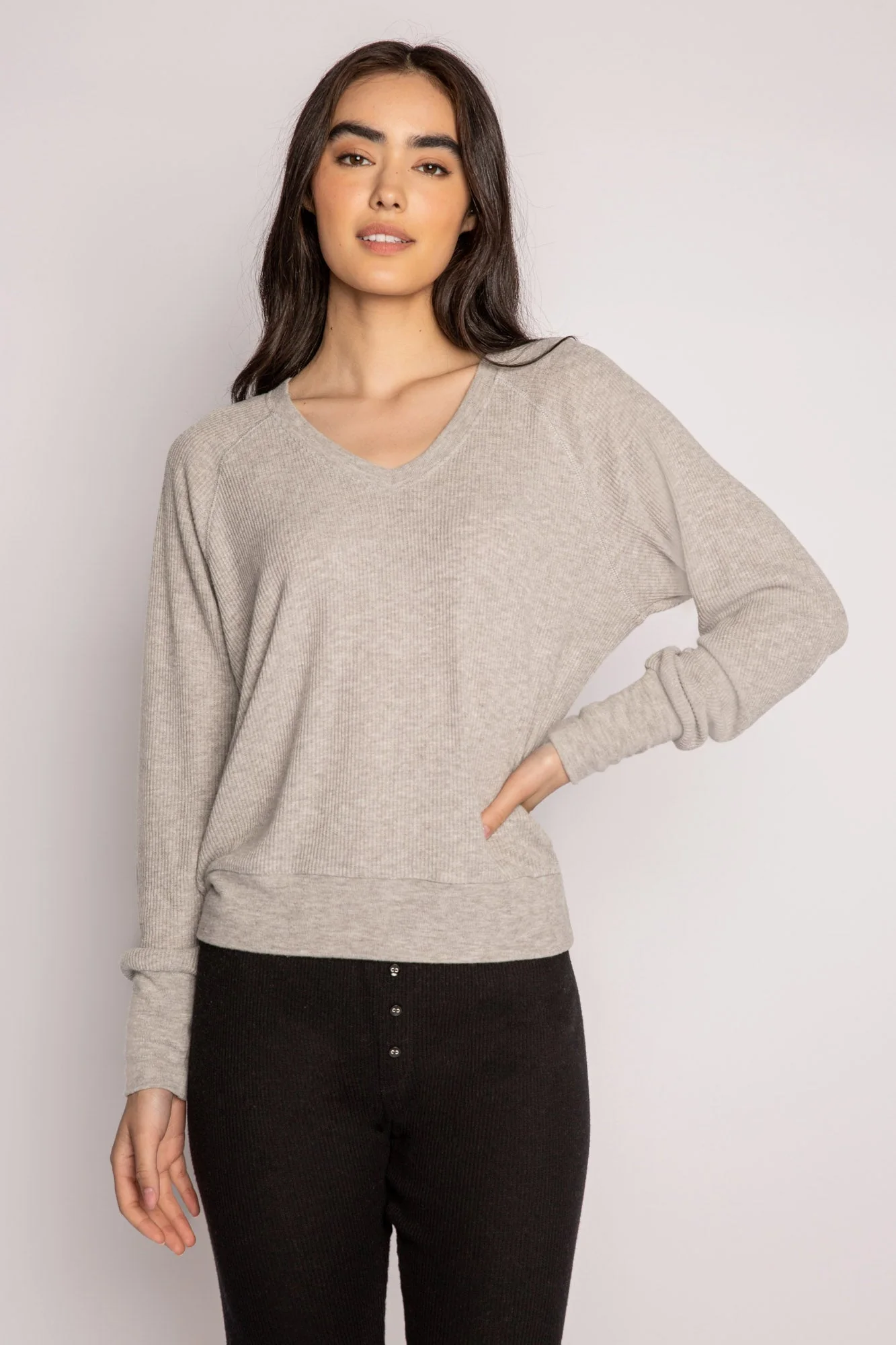 Textured Essentials Heather Grey Long Sleeve Henley Top - Image 4